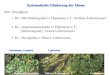 Systematische Gliederung der Moose Abt.: Bryophyta 1. Kl.: Marchantiopsida (= Hepaticae z.T.; thallose Lebermoose) 2. Kl.: Jungermanniopsida (= Hepaticae