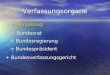 Verfassungsorgane + Bundestag + Bundesrat + Bundesregierung + Bundespräsident + Bundesverfassungsgericht