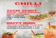 HAPPY HOUR - chilliclub-hamburg.de · happy hour tÄglich 17:00 bis 19:00 uhr cocktails mit alkohol € 6,55 cocktails alkoholfrei € 4,55 sushi schiff special „chefs surprise“