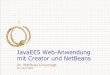 JavaEE5 Web-Anwendung mit Creator und NetBeansHerangehensweise Firmeneigene Anwendung Zentrale Datenhaltung Daten im XML Format exportierbar (Aufbewahrungspflicht) Web-GUI damit auch